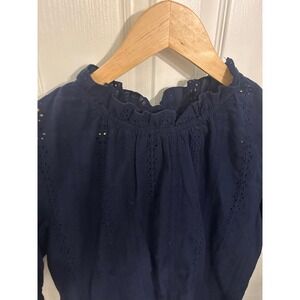Luna Rae Navy Blue‎ Eyelet Cotton Ruffle Neck Puff Sleeve Blouse Top Large